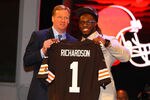 NEW YORK, NY - APRIL 26:  Trent Richardson (R) from Alabama holds up a jersey as he stands on stage with NFL Commissioner Roger Goodell after he was selected #3 overall by the Cleveland Browns in the first round of the 2012 NFL Draft at Radio City Music Hall on April 26, 2012 in New York City.  (Photo by Al Bello/Getty Images)