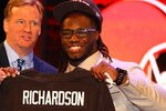 NEW YORK, NY - APRIL 26:  Trent Richardson (R) from Alabama holds up a jersey as he stands on stage with NFL Commissioner Roger Goodell after he was selected #3 overall by the Cleveland Browns in the first round of the 2012 NFL Draft at Radio City Music Hall on April 26, 2012 in New York City.  (Photo by Al Bello/Getty Images)