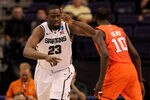 PHOENIX, AZ - MARCH 22:  Draymond Green #23 of the Michigan State Spartans reacts as he runs back down court in the second half while taking on the Louisville Cardinals during the 2012 NCAA Men's Basketball West Regional Semifinal game at US Airways Center on March 22, 2012 in Phoenix, Arizona.  (Photo by Jamie Squire/Getty Images)