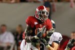 TUSCALOOSA, AL - SEPTEMBER 11:  Mark Barron #4 of the Alabama Crimson Tide intercepts a pass intended for Brett Brackett #83 of the Penn State Nittany Lions at Bryant-Denny Stadium on September 11, 2010 in Tuscaloosa, Alabama.  (Photo by Kevin C. Cox/Getty Images)