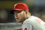 PHOENIX, AZ - APRIL 25:  Pitcher Roy Halladay #34 of the Philadelphia Phillies watches from the dugout during the MLB game against the Arizona Diamondbacks at Chase Field on April 25, 2012 in Phoenix, Arizona.  (Photo by Christian Petersen/Getty Images)