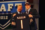 NEW YORK, NY - APRIL 26:  Shea McClellin (R) of Boise State holds up a jersey as he stands on stage with NFL Commissioner Roger Goodell after he was selected #19 overall by the Chicago Bears in the first round of the 2012 NFL Draft at Radio City Music Hall on April 26, 2012 in New York City.  (Photo by Al Bello/Getty Images)