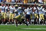 ATLANTA, GA - SEPTEMBER 24:  Stephen Hill #5 of the Georgia Tech Yellow Jackets makes a catch for a 59-yard touchdown against the North Carolina Tar Heels at Bobby Dodd Field on September 24, 2011 in Atlanta, Georgia. (Photo by Scott Cunningham/Getty Images)
