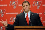 TAMPA, FL - JANUARY 27:  Coach Greg Schiano of the Tampa Bay Buccaneers speaks to the media at an introduction press conference at the team training facility January 27, 2012 in Tampa, Florida. (Photo by Al Messerschmidt/Getty Images)