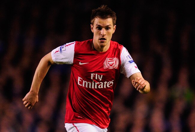 LIVERPOOL, ENGLAND - MARCH 21:  Arsenal player Aaron Ramsey in action during the Barclays Premier League match between Everton v Arsenal at Goodison Park on March 21, 2012 in Liverpool, England.  (Photo by Stu Forster/Getty Images)