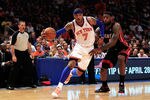 NEW YORK, NY - APRIL 15: (L) Carmelo Anthony #7 of the New York Knicks drives against (R) LeBron James #6 of the Miami Heat at Madison Square Garden on April 15, 2012 in New York City. NOTE TO USER: User expressly acknowledges and agrees that, by downloading and/or using this Photograph, user is consenting to the terms and conditions of the Getty Images License Agreement.  (Photo by Chris Trotman/Getty Images)