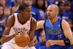 OKLAHOMA CITY, OK - MAY 23:  Kevin Durant #35 of the Oklahoma City Thunder posts up Jason Kidd #2 of the Dallas Mavericks in the first half in Game Four of the Western Conference Finals during the 2011 NBA Playoffs at Oklahoma City Arena on May 23, 2011 in Oklahoma City, Oklahoma. NOTE TO USER: User expressly acknowledges and agrees that, by downloading and or using this photograph, User is consenting to the terms and conditions of the Getty Images License Agreement.  (Photo by Christian Petersen/Getty Images)