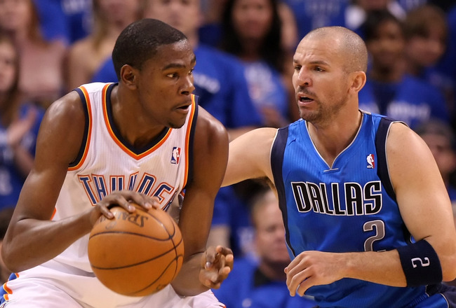 OKLAHOMA CITY, OK - MAY 23:  Kevin Durant #35 of the Oklahoma City Thunder posts up Jason Kidd #2 of the Dallas Mavericks in the first half in Game Four of the Western Conference Finals during the 2011 NBA Playoffs at Oklahoma City Arena on May 23, 2011 in Oklahoma City, Oklahoma. NOTE TO USER: User expressly acknowledges and agrees that, by downloading and or using this photograph, User is consenting to the terms and conditions of the Getty Images License Agreement.  (Photo by Christian Petersen/Getty Images)