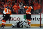PHILADELPHIA, PA - APRIL 18: Claude Giroux #28 of the Philadelphia Flyers opens the scoring on the powerplay at 1:14 of the first period against Marc-Andre Fleury #29 of the Pittsburgh Penguins in Game Four of the Eastern Conference Quarterfinals during the 2012 NHL Stanley Cup Playoffs at Wells Fargo Center on April 18, 2012 in Philadelphia, Pennsylvania.  (Photo by Bruce Bennett/Getty Images)
