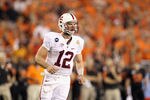 GLENDALE, AZ - JANUARY 02:  Andrew Luck #12 of the Stanford Cardinal looks on against the Oklahoma State Cowboys during the Tostitos Fiesta Bowl on January 2, 2012 at University of Phoenix Stadium in Glendale, Arizona. Oklahoma State won 41-38 in overtime. (Photo by Christian Petersen/Getty Images)