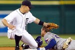 DETROIT, MI - APRIL 21: Craig Gentry #23 of the Texas Rangers steals second base in the seventh inning behind the glove of Brandon Inge #15 of the Detroit Tigers at Comerica Park on April 21, 2012 in Detroit, Michigan. Detroit won the game 3-2. (Photo by Gregory Shamus/Getty Images)