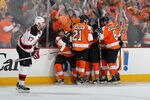 PHILADELPHIA, PA - APRIL 29:  Danny Briere #48 of the Philadelphia Flyers celebrates his second period goal with teammates as Ilya Kovalchuk #17 of the New Jersey Devils looks on in Game One of the Eastern Conference Semifinals during the 2012 NHL Stanley Cup Playoffs at the Wells Fargo Center on April 29, 2012 in Philadelphia, Pennsylvania.  (Photo by Jim McIsaac/Getty Images)