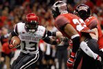 NEW ORLEANS, LA - DECEMBER 17:  Ronnie Hillman #13 of the San Diego State Aztecs is pushed out of bounds by Justin Anderson #34 of the Louisiana-Lafayette Ragin Cajuns during the R&L Carriers New Orleans Bow at the Mercedes-Benz Superdome on December 17, 2011 in New Orleans, Louisiana.  (Photo by Chris Graythen/Getty Images)