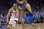OKLAHOMA CITY, OK - APRIL 28:  Russell Westbrook #0 of the Oklahoma City Thunder tries to drive on Jason Kidd #2 of the Dallas Mavericks in Game One of the Western Conference Quarterfinals in the 2012 NBA Playoffs on April 28, 2012 at the Chesapeake Energy Arena in Oklahoma City, Oklahoma. Oklahoma City defeated Dallas 99-98. NOTE TO USER: User expressly acknowledges and agrees that, by downloading and or using the photograph, User is consenting to the terms and conditions of the Getty Images License Agreement. (Photo by Brett Deering/Getty Images)