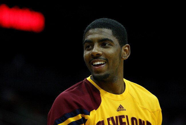 NEWARK, NJ - MARCH 19:  Kyrie Irving #2 of the Cleveland Cavaliers looks on during warm ups against the New Jersey Nets at Prudential Center on March 19, 2012 in Newark, New Jersey.  NOTE TO USER: User expressly acknowledges and agrees that, by downloading and or using this photograph, User is consenting to the terms and conditions of the Getty Images License Agreement.  (Photo by Chris Chambers/Getty Images)