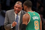LOS ANGELES, CA - MARCH 11: Head coach Doc Rivers of the Boston Celtics talks with Rajon Rondo #5 during the game against the Los Angeles Lakers at Staples Center on March 11, 2012 in Los Angeles, California.  The Lakers won 97-94.  NOTE TO USER: User expressly acknowledges and agrees that, by downloading and or using this photograph, User is consenting to the terms and conditions of the Getty Images License Agreement.  (Photo by Stephen Dunn/Getty Images)