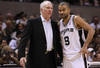 SAN ANTONIO, TX - APRIL 29:  (L-R) Gregg Popovich  and Tony Parker #9 of the San Antonio Spurs talk during play against the Utah Jazz in Game One of the Western Conference Quarterfinals in the 2012 NBA Playoffs at AT&T Center on April 29, 2012 in San Antonio, Texas.  NOTE TO USER: User expressly acknowledges and agrees that, by downloading and or using this photograph, User is consenting to the terms and conditions of the Getty Images License Agreement.  (Photo by Ronald Martinez/Getty Images)