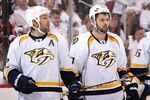GLENDALE, AZ - APRIL 27:  Mike Fisher #12 and Alexander Radulov #47 of the Nashville Predators during Game One of the Western Conference Semifinals against the Phoenix Coyotes during the 2012 NHL Stanley Cup Playoffs at Jobing.com Arena on April 27, 2012 in Glendale, Arizona.  The Coyotes defeated the Predators 4-3 in overtime.  (Photo by Christian Petersen/Getty Images)