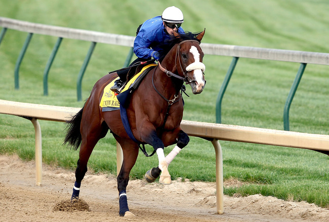 LOUISVILLE, KY - APRIL 28:  Union Rags is riden by Julien Laparoux during the morning excercise session in preparation for the 138th Kentucky Derby at Churchill Downs on April 28, 2012 in Louisville, Kentucky.  (Photo by Matthew Stockman/Getty Images)