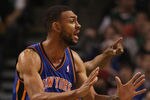 BOSTON, MA - MARCH 04:  Jared Jeffries #9 of the New York Knicks reacts to a call against him in the second half against the Boston Celtics on March 4, 2012 at TD Garden in Boston, Massachusetts. The Boston Celtics defeated the New York Knicks 115-111 in overtime. NOTE TO USER: User expressly acknowledges and agrees that, by downloading and or using this photograph, User is consenting to the terms and conditions of the Getty Images License Agreement.  (Photo by Elsa/Getty Images)