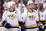 GLENDALE, AZ - APRIL 27:  Mike Fisher #12 and Alexander Radulov #47 of the Nashville Predators during Game One of the Western Conference Semifinals against the Phoenix Coyotes during the 2012 NHL Stanley Cup Playoffs at Jobing.com Arena on April 27, 2012 in Glendale, Arizona.  The Coyotes defeated the Predators 4-3 in overtime.  (Photo by Christian Petersen/Getty Images)