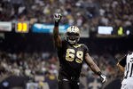 NEW ORLEANS, LA - OCTOBER 31: Anthony Hargrove #69 of the New Orleans Saints celebrates a play during the game against the Pittsburgh Steelers at the Louisiana Superdome on October 31, 2010 in New Orleans, Louisiana. (Photo by Matthew Sharpe/Getty Images)