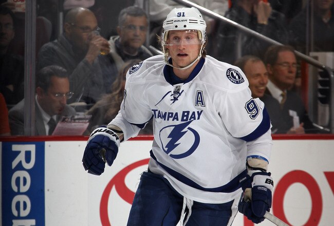 PHILADELPHIA, PA - MARCH 26:  Steven Stamkos #91 of the Tampa Bay Lightning skates against the Philadelphia Flyers at the Wells Fargo Center on March 26, 2012 in Philadelphia, Pennsylvania. The Lightning defeated the Flyers 5-3.  (Photo by Bruce Bennett/Getty Images)
