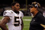 NEW ORLEANS - SEPTEMBER 09:  Jonathan Vilma #51 talks with Gregg Williams of the New Orleans Saints during the game against the Minnesota Vikings at Louisiana Superdome on September 9, 2010 in New Orleans, Louisiana.  (Photo by Chris Graythen/Getty Images)