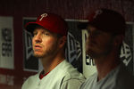 PHOENIX, AZ - APRIL 25:  Pitcher Roy Halladay #34 of the Philadelphia Phillies watches from the dugout during the MLB game against the Arizona Diamondbacks at Chase Field on April 25, 2012 in Phoenix, Arizona.  (Photo by Christian Petersen/Getty Images)