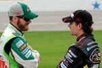 FORT WORTH, TX - APRIL 13:  (L-R) Dale Earnhardt Jr., driver of the #88 Diet Mountain Dew/National Guard Chevrolet, talks with Jeff Gordon, driver of the #24 DuPont Chevrolet during qualifying for the NASCAR Sprint Cup Series Samsung Mobile 500 at Texas Motor Speedway on April 13, 2012 in Fort Worth, Texas.  (Photo by John Harrelson/Getty Images for NASCAR)