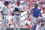 CINCINNATI, OH - MAY 3: Carlos Marmol #49 of the Chicago Cubs is encouraged by shortstop Starlin Castro #13 in the ninth inning against the Cincinnati Reds at Great American Ball Park on May 3, 2012 in Cincinnati, Ohio. The Reds came from behind to win 4-3. (Photo by Joe Robbins/Getty Images)