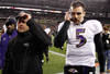 FOXBORO, MA - JANUARY 22:  Joe Flacco #5 of the Baltimore Ravens and head coach John Harbaugh walk off the field after losing to the New England Patriots in the AFC Championship Game at Gillette Stadium on January 22, 2012 in Foxboro, Massachusetts. The New England Patriots defeated the Baltimore Ravens 20-23.  (Photo by Rob Carr/Getty Images)