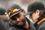 SAN FRANCISCO, CA - MAY 03:  Pablo Sandoval #48 talks to Tim Lincecum #55 of the San Francisco Giants in the dugout during their game against the Miami Marlins at AT&T Park on May 3, 2012 in San Francisco, California.  (Photo by Ezra Shaw/Getty Images)