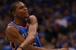 DALLAS, TX - MAY 03:  Kevin Durant #35 of the Oklahoma City Thunder reacts against the Dallas Mavericks during Game Three of the Western Conference Quarterfinal at American Airlines Center on May 3, 2012 in Dallas, Texas.  NOTE TO USER: User expressly acknowledges and agrees that, by downloading and or using this photograph, User is consenting to the terms and conditions of the Getty Images License Agreement.  (Photo by Ronald Martinez/Getty Images)