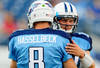 NASHVILLE, TN - AUGUST 13:  Matt Hasslbeck #8 of the Tennessee Titans offers encouragement to teammate Jake Locker #10 before a preseason game against the Minnesota Vikings at LP Field on August 13, 2011 in Nashville, Tennessee.  (Photo by Grant Halverson/Getty Images)