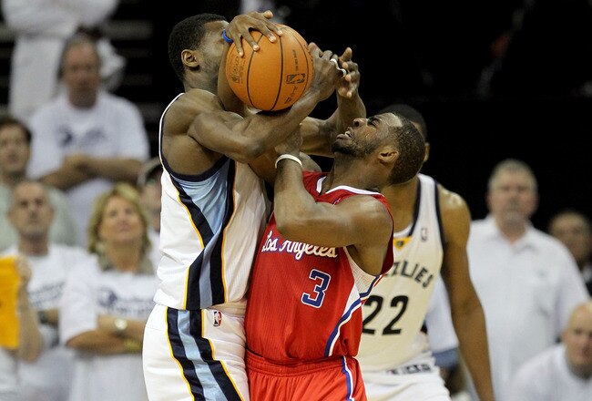 MEMPHIS, TN - APRIL 29:  Tony Allen #9 of the Memphis Grizzlies fouls Chris Paul #3 of the Los Angeles Clippers while going for a loose ball in Game One of the Western Conference Quarterfinals in the 2012 NBA Playoffs at FedExForum on April 29, 2012 in Memphis, Tennessee.  NOTE TO USER: User expressly acknowledges and agrees that, by downloading and or using this photograph, User is consenting to the terms and conditions of the Getty Images License Agreement.  (Photo by Andy Lyons/Getty Images)