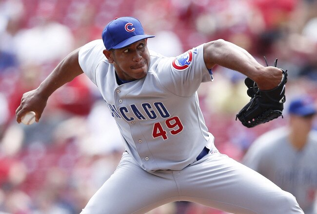 CINCINNATI, OH - MAY 3: Carlos Marmol #49 of the Chicago Cubs pitches in the ninth inning against the Cincinnati Reds at Great American Ball Park on May 3, 2012 in Cincinnati, Ohio. The Reds came from behind to win 4-3. (Photo by Joe Robbins/Getty Images)