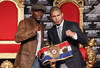 HOLLYWOOD, CA - MARCH 01:  Floyd Mayweather and Miguel Cotto pose at a press conference to promote their upcoming fight on May 5 at the MGM Grand in Las Vegas at Grauman's Chinese Theatre on March 1, 2012 in Hollywood, California.  (Photo by Jeff Gross/Getty Images)