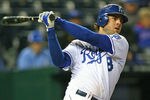 KANSAS CITY, MO - APRIL 20:  Third baseman Mike Moustakas #8 of the Kansas City Royals bats against the Toronto Blue Jays at Kauffman Stadium on April 20, 2012 in Kansas City, Missouri.  The Blue Jays defeated the Royals 4-3.  (Photo by Tim Umphrey/Getty Images)
