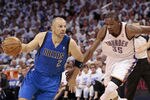 OKLAHOMA CITY, OK - APRIL 30:  Jason Kidd #2 of the Dallas Mavericks drives as Kevin Durant #35 of the Oklahoma City Thunder follows in Game Two of the Western Conference Quarterfinals in the 2012 NBA Playoffs on April 30, 2012 at the Chesapeake Energy Arena in Oklahoma City, Oklahoma. Oklahoma City defeated Dallas 102-99. NOTE TO USER: User expressly acknowledges and agrees that, by downloading and or using the photograph, User is consenting to the terms and conditions of the Getty Images License Agreement. (Photo by Brett Deering/Getty Images)