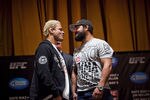 NEW YORK - MARCH 06:   UFC welterwights Josh Koscheck (L) and  Johny Hendricks (R) pose at a press conference at Radio City Music Hall on March 06, 2012 in New York City.  UFC announced that their third event on the FOX network will take place on Saturday, May 5 from the IZOD Center in East Rutherford, N.J.. (Photo by Michael Nagle/Getty Images)