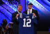 NEW YORK, NY - APRIL 26:  Andrew Luck (R) from Stanford holds up a jersey as he stands on stage with NFL Commissioner Roger Goodell after Luck was selected #1 overall by the Indianapolis Colts in the first round of the 2012 NFL Draft at Radio City Music Hall on April 26, 2012 in New York City.  (Photo by Chris Chambers/Getty Images)
