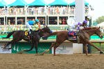 LOUISVILLE, KY - MAY 05:  Mario Gutierrez celebrates atop I'll Have Another after winning the 138th running of the Kentucky Derby ahead of Bodemeister ridden by Mike Smith at Churchill Downs on May 5, 2012 in Louisville, Kentucky.  (Photo by Travis Lindquist/Getty Images)
