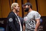 NEW YORK - MARCH 06:   UFC welterwights Josh Koscheck (L) and  Johny Hendricks (R) pose at a press conference at Radio City Music Hall on March 06, 2012 in New York City.  UFC announced that their third event on the FOX network will take place on Saturday, May 5 from the IZOD Center in East Rutherford, N.J.. (Photo by Michael Nagle/Getty Images)