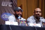 NEW YORK - MARCH 06:   UFC welterweight Johny Hendricks (L) speaks at a press conference at Radio City Music Hall, as heavyweight Lavar Johnson (R) listens, on March 06, 2012 in New York City.  UFC announced that their third event on the FOX network will take place on Saturday, May 5 from the IZOD Center in East Rutherford, N.J.. (Photo by Michael Nagle/Getty Images)
