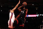 NEW YORK, NY - MAY 06:  Dwyane Wade #3 of the Miami Heat attempts a shot against Landry Fields #2 of the New York Knicks in Game Four of the Eastern Conference Quarterfinals in the 2012 NBA Playoffs on May 6, 2012 at Madison Square Garden in New York City. NOTE TO USER: User expressly acknowledges and agrees that, by downloading and or using this photograph, User is consenting to the terms and conditions of the Getty Images License Agreement  (Photo by Jeff Zelevansky/Getty Images)