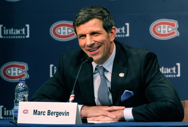BROSSARD, CANADA - MAY 2:  Marc Bergevin speaks to the media during his introduction as the new General Manager for the Montreal Canadiens at the Bell SportsPlex on May 2, 2012 in Brossard, Quebec, Canada.  (Photo by Richard Wolowicz/Getty Images)