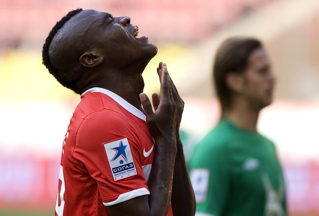 MOSCOW, RUSSIA - APRIL 15: Emmanuel Emenike of FC Spartak Moscow reacts during the Russian Football League Championship match between FC Spartak Moscow and FC Rubin Kazan at the Luzhniki Stadium on April 15, 2012 in Moscow, Russia.  (Photo by Dmitry Korotayev/Epsilon/Getty Images)