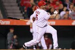 ANAHEIM, CA - MAY 02:  Albert Pujols #5 of the Los Angeles Angels of Anaheim hits a single in the fourth inning against the Minnesota Twins at Angel Stadium of Anaheim on May 2, 2012 in Anaheim, California.  (Photo by Jeff Gross/Getty Images)