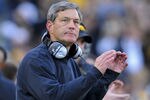 IOWA CITY, IA - OCTOBER 30- Kirk Ferentz head coach of the University of Iowa Hawkeyes celebrates during the Michigan State Spartans NCAA college football game at Kinnick Stadium on October 30, 2010 in Iowa City, Iowa. Iowa won 37-6 over Michigan State. (Photo by David Purdy/Getty Images)